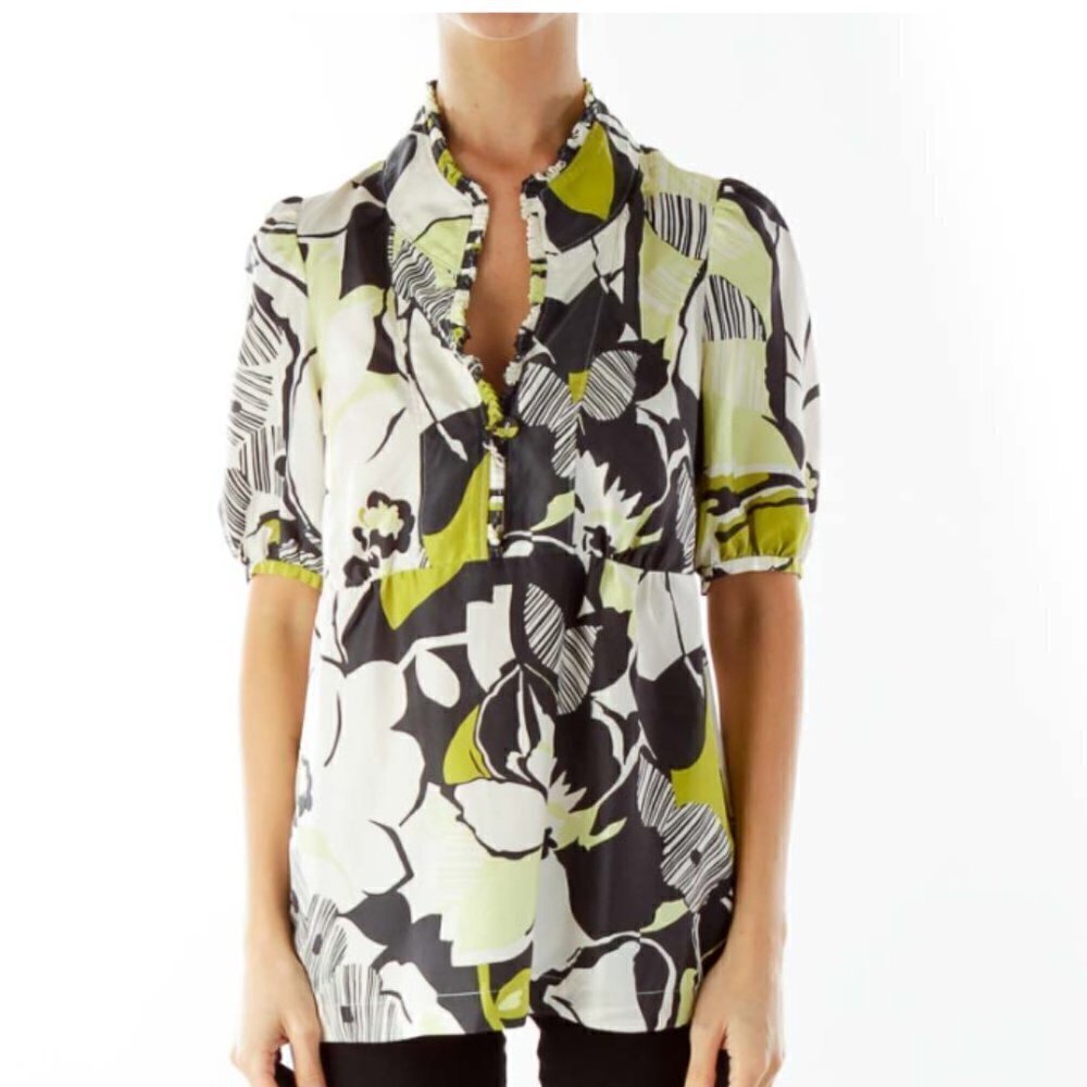 Banana Republic Green Beige Navy V-Neck  Blouse